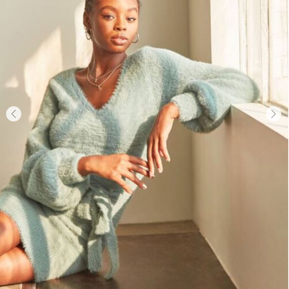 Cozy Sage Knit V-Neck Mini Sweaterdress